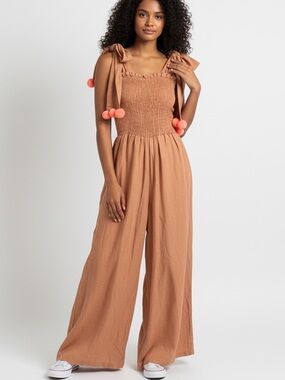 Sundress Paris Wide Leg Jumpsuit Smocked Tie Strap Pom Pom Resort Palazzo